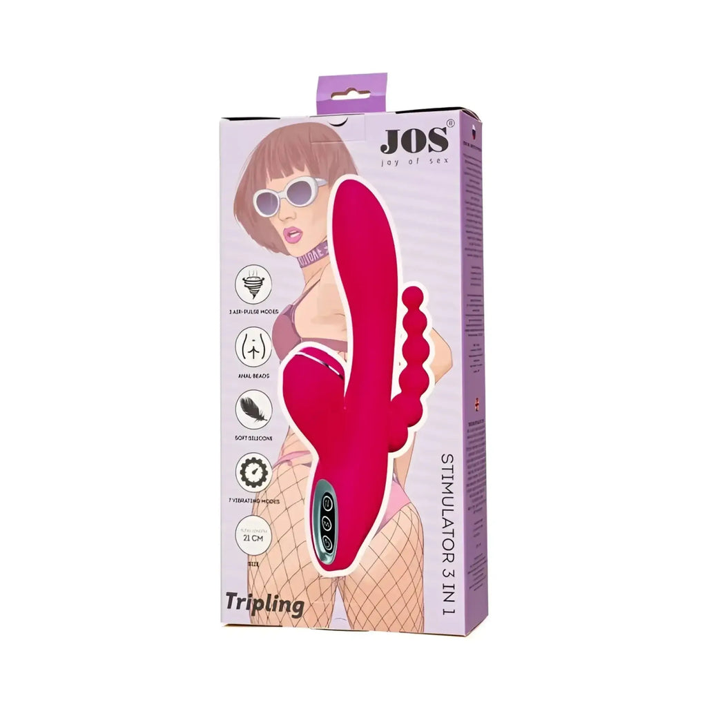 Vibrant pink silicone jos jos tripling triple stimulator with dual-textured heads and ergonomic 3-in-1 design