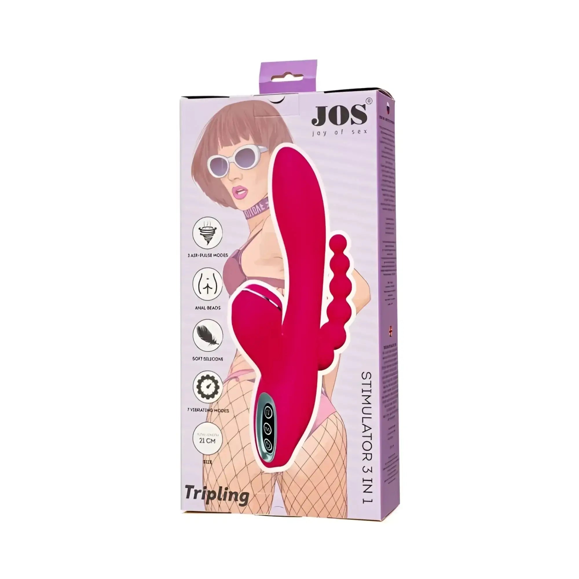 Vibrant pink silicone jos jos tripling triple stimulator with dual-textured heads and ergonomic 3-in-1 design