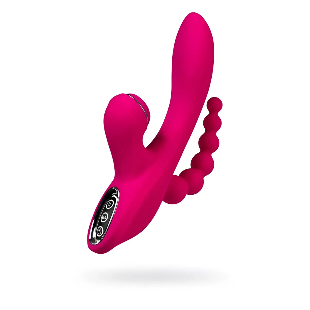 Vibrant pink silicone jos jos tripling triple stimulator with curved handle integrated control panel and bead textured tail