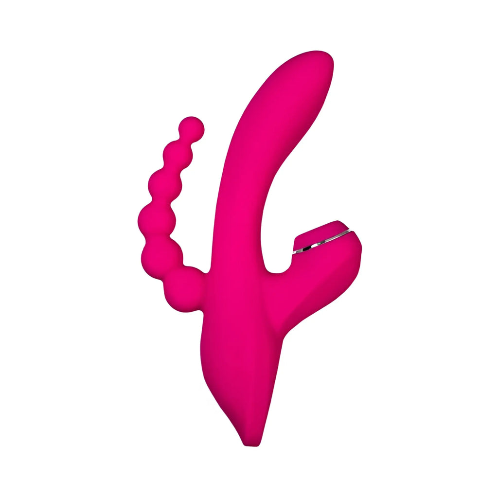 Vibrant pink silicone dual-ended pleasure device with curved shaft and bead train by JOS JOS tripling triple stimulator
