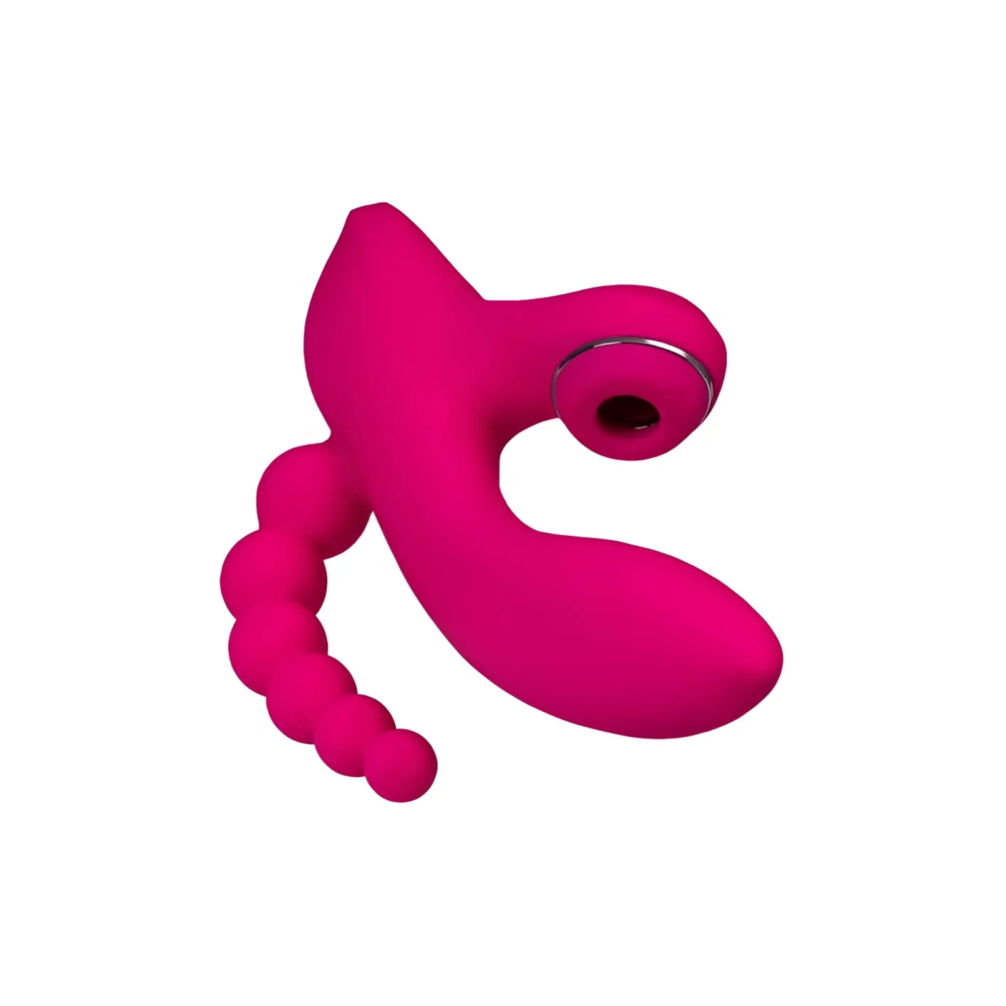 Vibrant pink silicone JOS JOS Tripling triple stimulator with curved body bead train and metallic ring accent