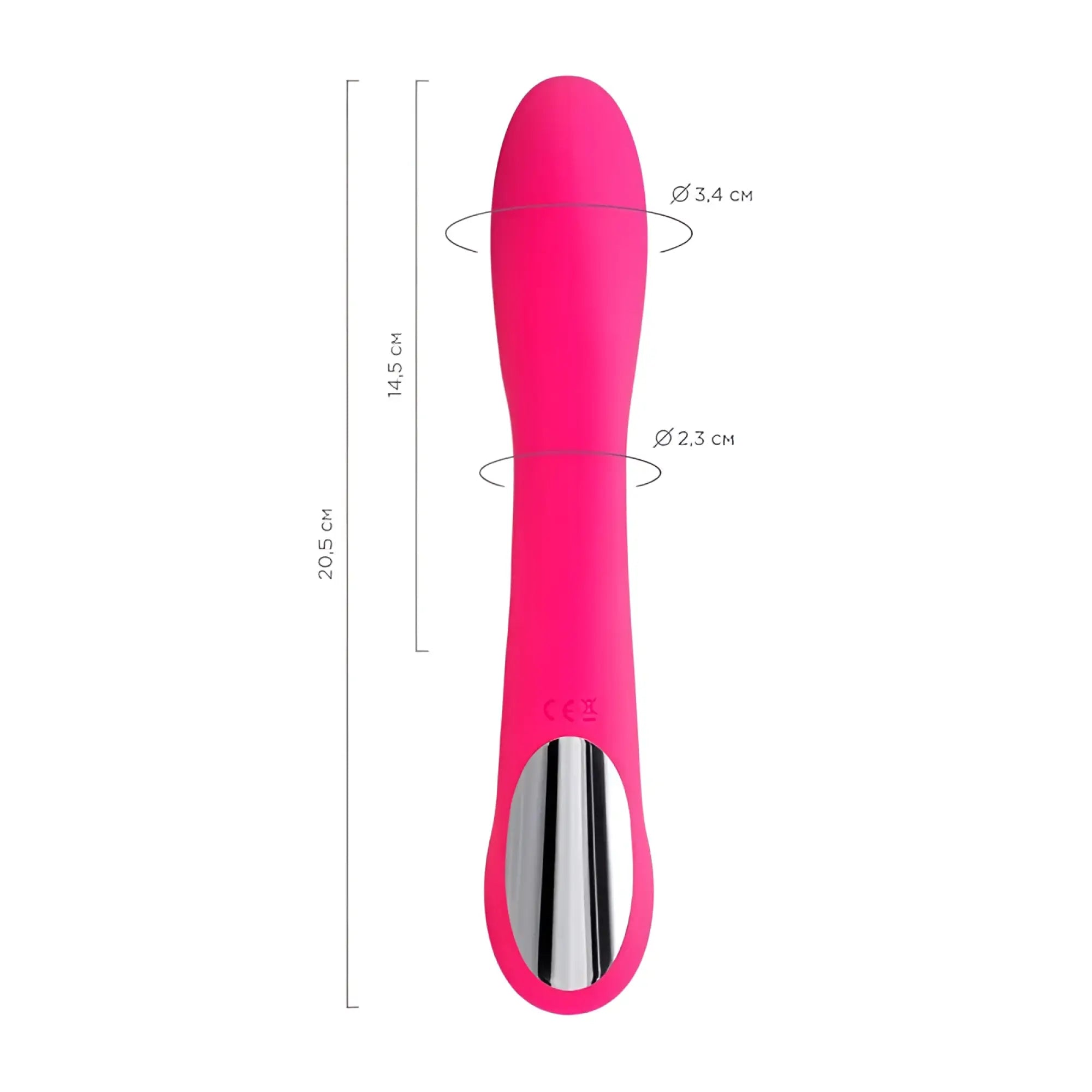 A sleek vibrant pink silicone vibrator with a metallic silver base and ergonomic contours jos jos twig slimline vibrator
