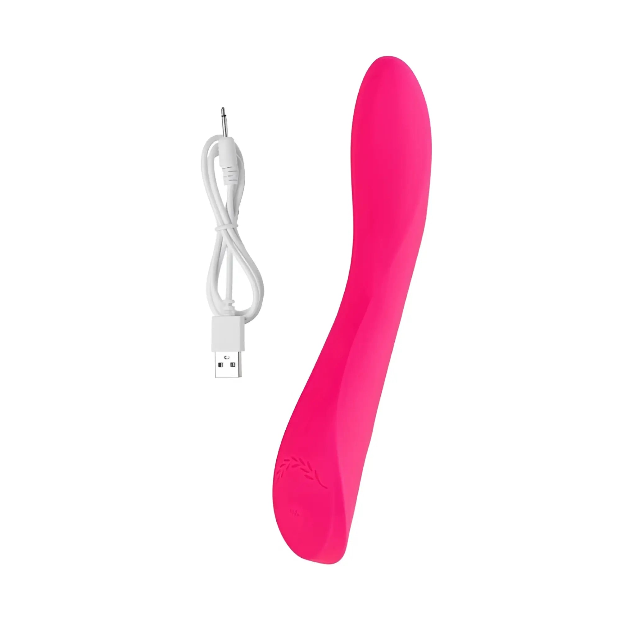 Vibrant pink silicone jos jos twig slimline vibrator with sleek curved design and white usb charging cable