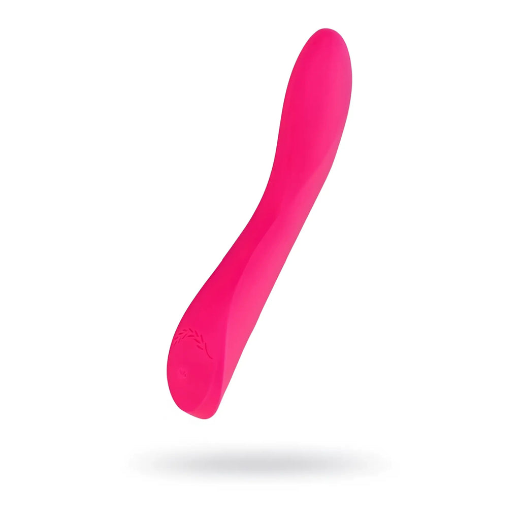 Vibrant pink sleekly curved silicone jos jos twig slimline vibrator with subtle embossed logo near the base