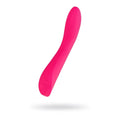 Vibrant pink sleekly curved silicone jos jos twig slimline vibrator with subtle embossed logo near the base