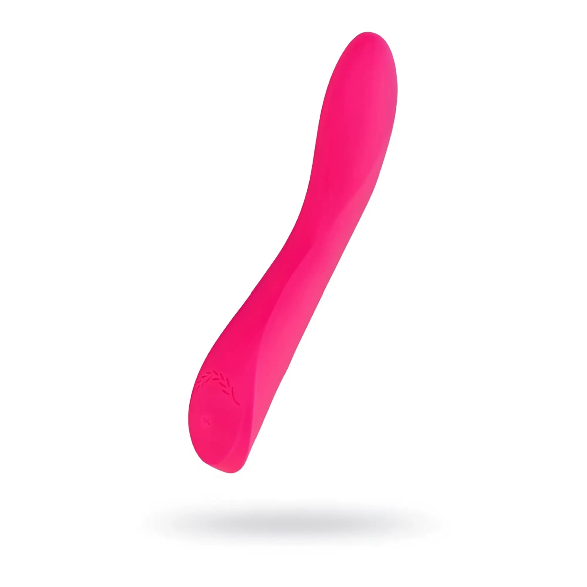 Vibrant pink sleekly curved silicone jos jos twig slimline vibrator with subtle embossed logo near the base