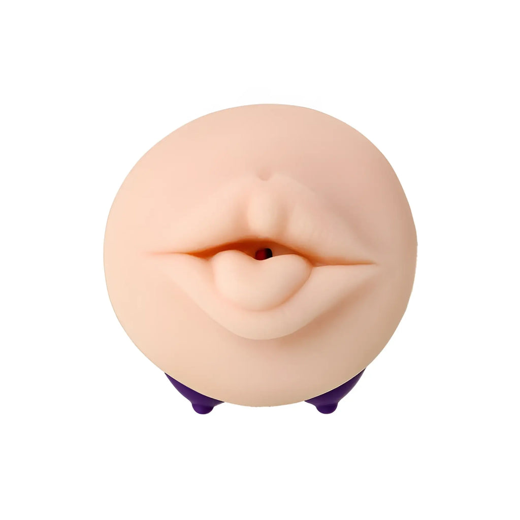 Beige silicone jos jos yara masturbator toy with realistic lips and small opening mounted on purple plastic feet
