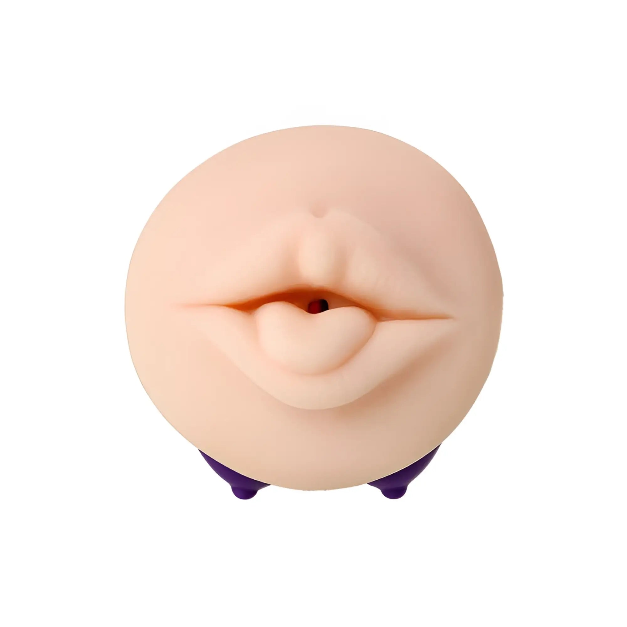Beige silicone jos jos yara masturbator toy with realistic lips and small opening mounted on purple plastic feet