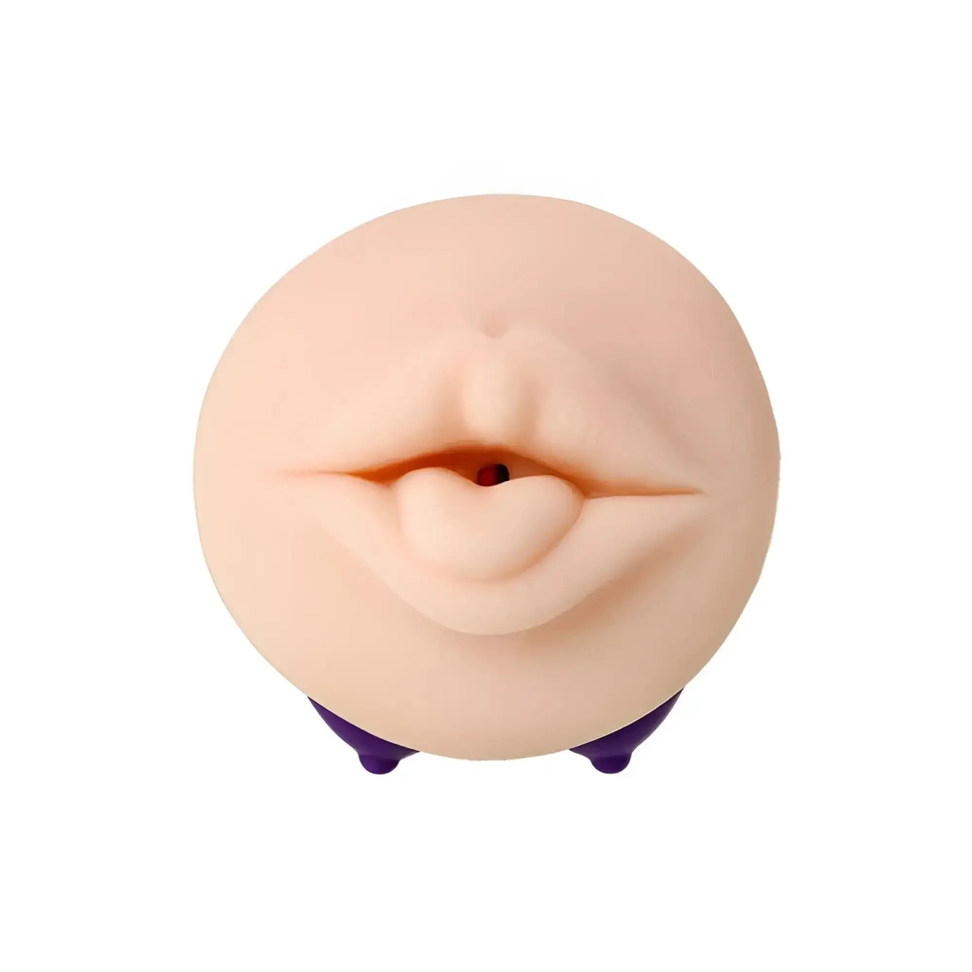 Beige silicone jos jos yara masturbator toy with realistic lips and small opening mounted on purple plastic feet
