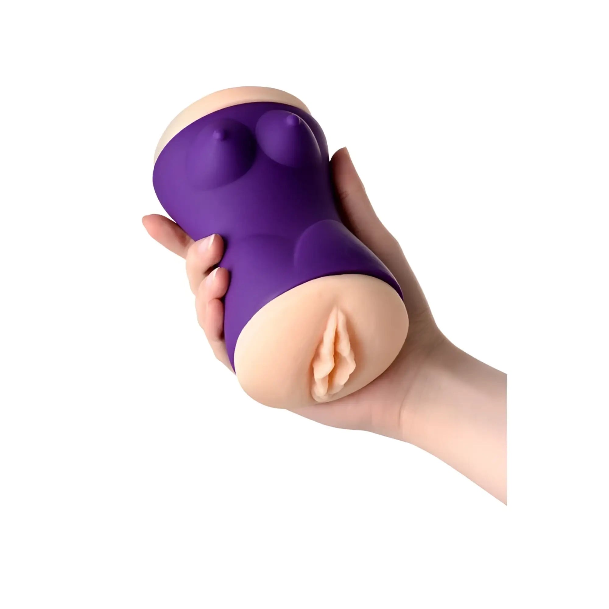 Purple and flesh-toned silicone jos jos yara masturbator with molded breasts and vaginal opening for realistic use