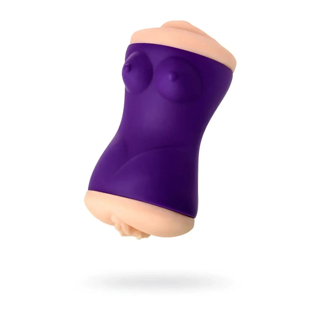 Purple silicone jos jos yara masturbator with beige molded breast shapes on top and bottom sections