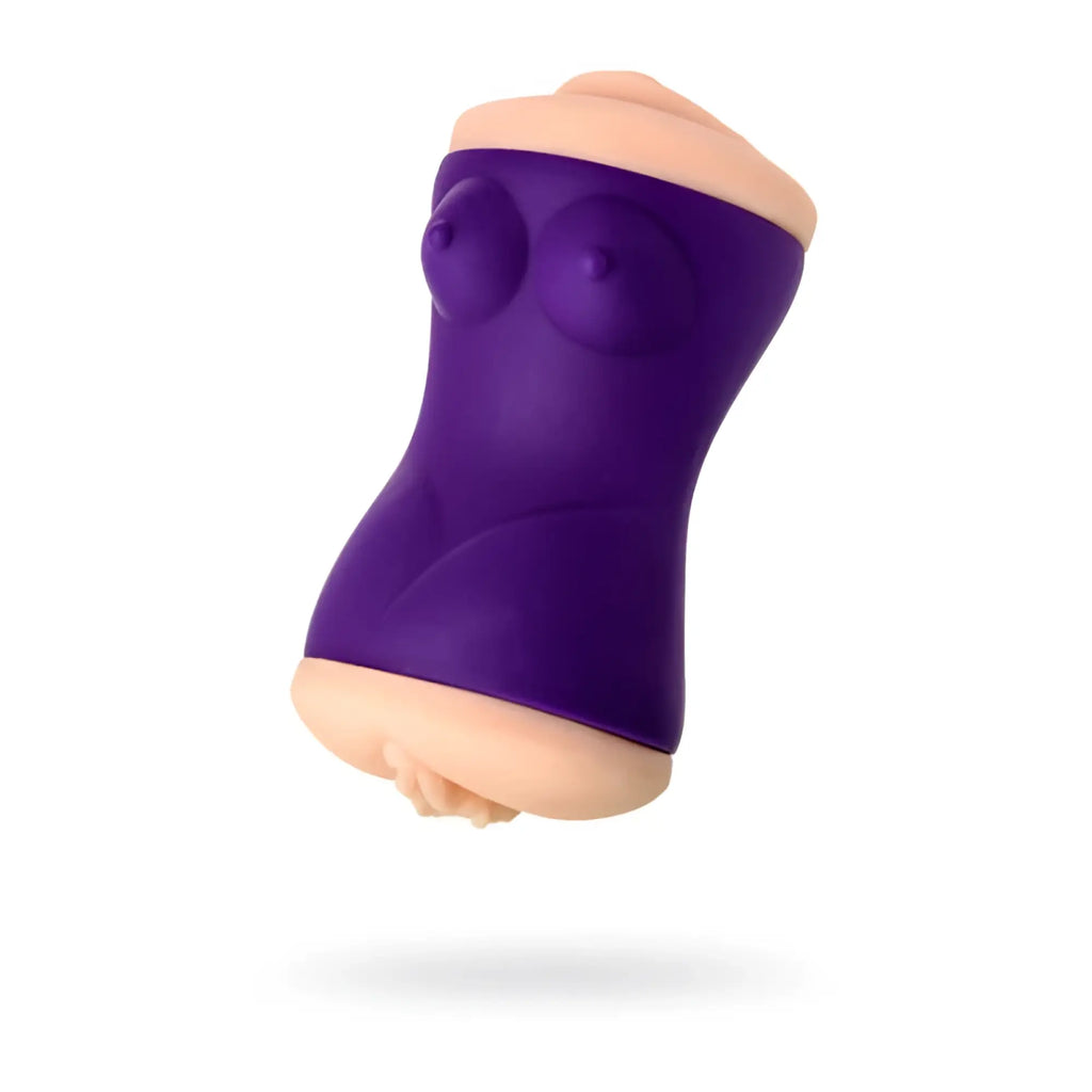 Purple silicone jos jos yara masturbator with beige molded breast shapes on top and bottom sections