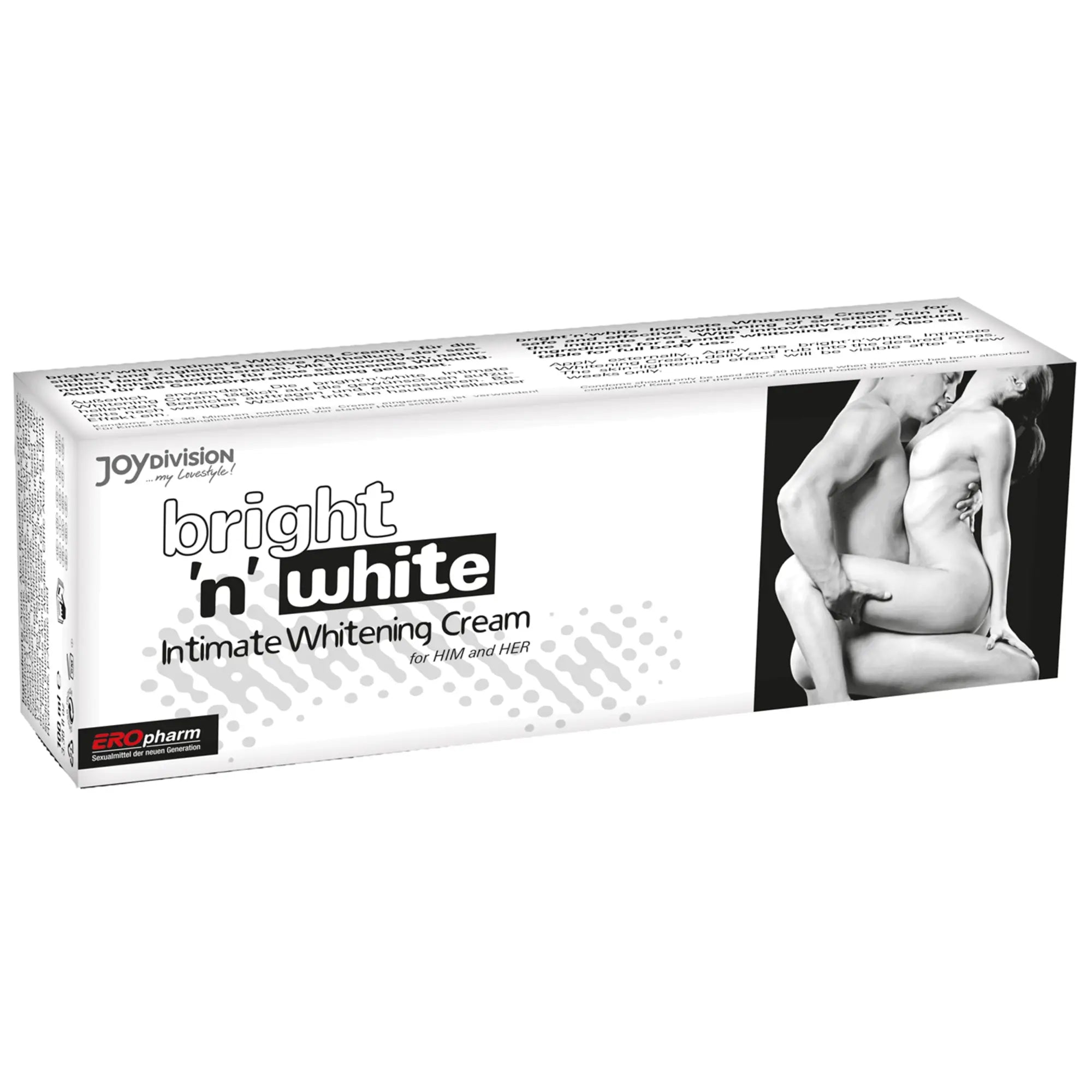 White rectangular box of joydivision bright n white intimate whitening cream 100ml for him and her