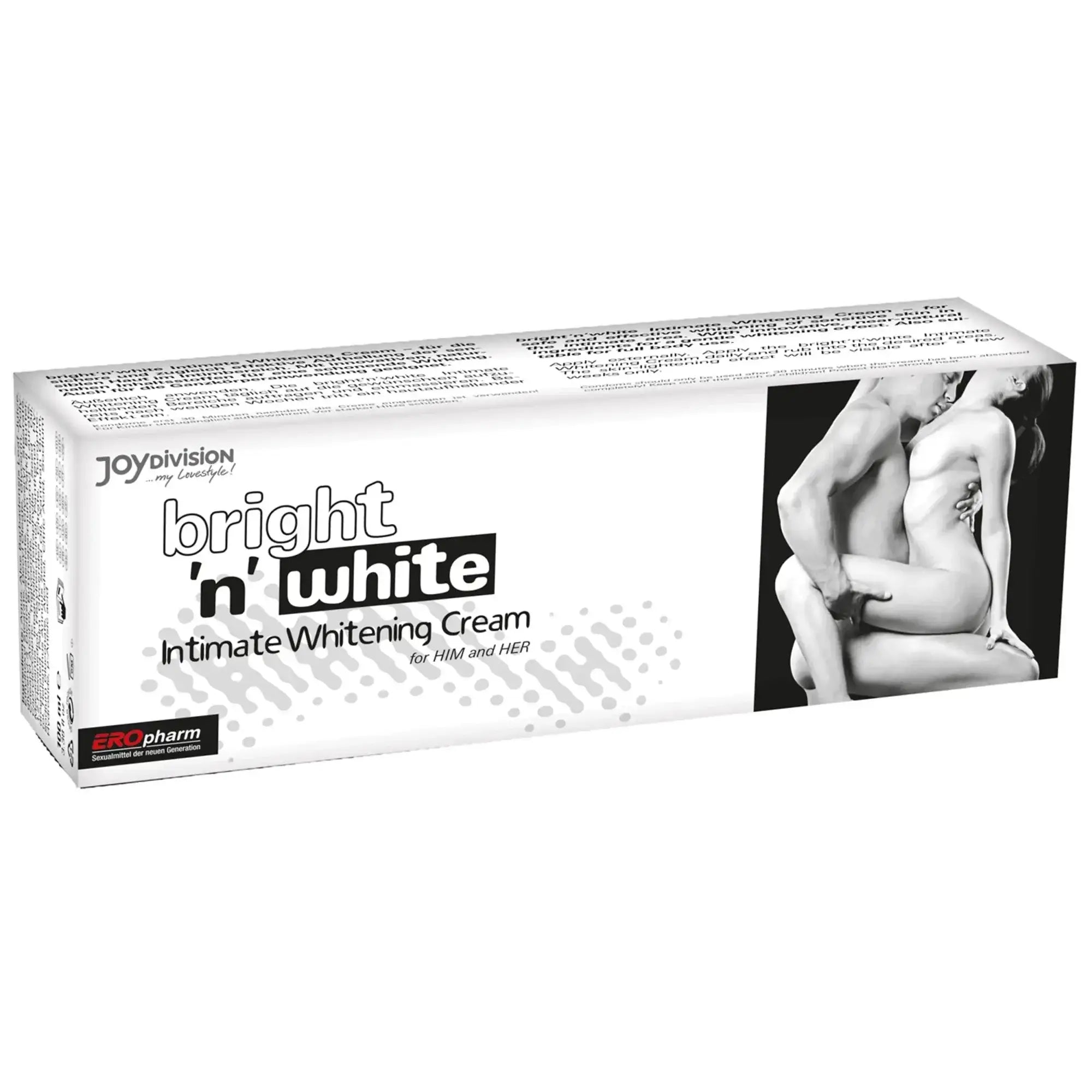 White rectangular box of joydivision bright n white intimate whitening cream 100ml for him and her