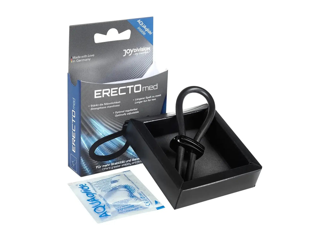 Black plastic erectile support device with adjustable ring and looped handle branded erectomed by joydivision