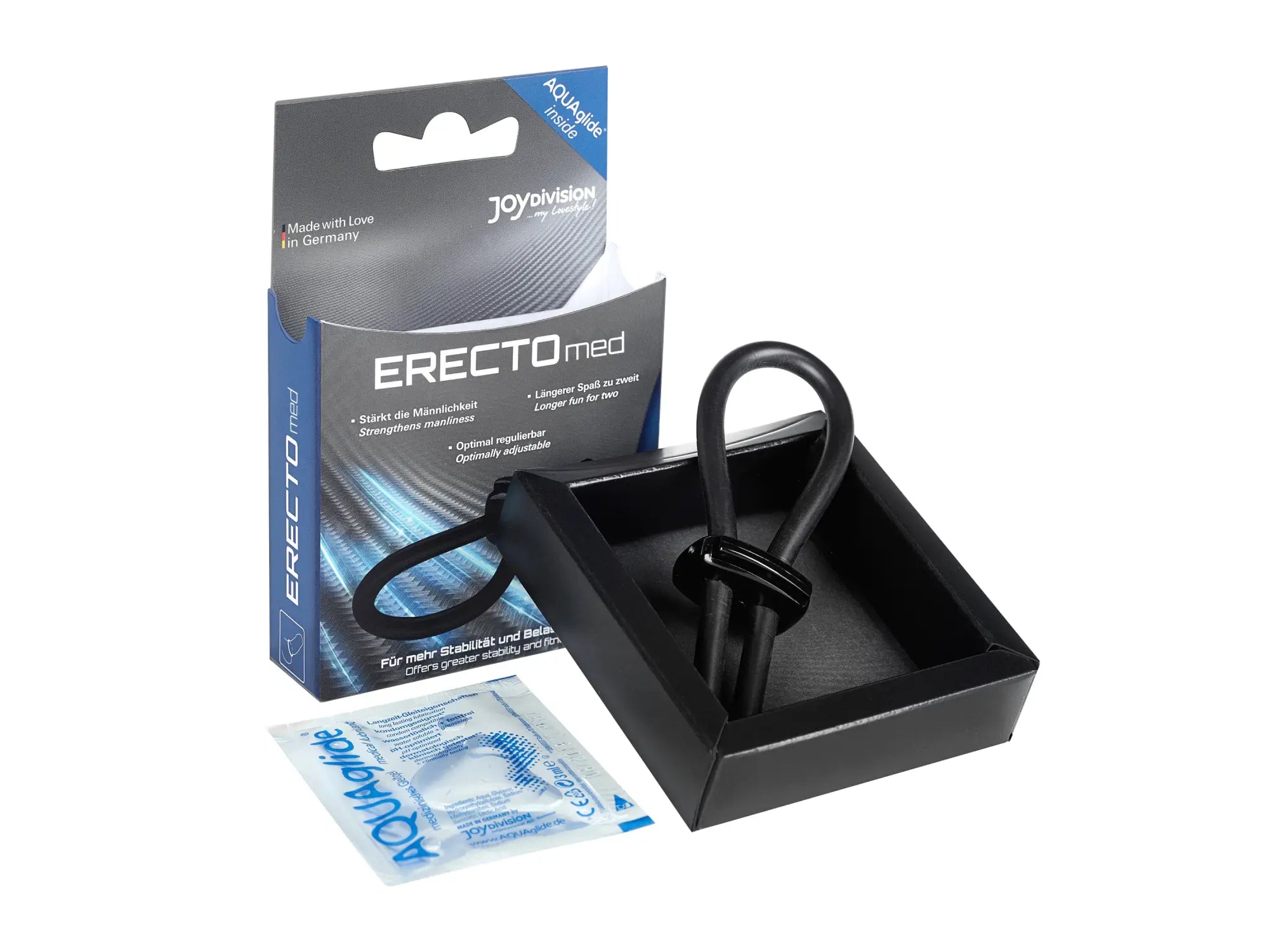 Black plastic erectile support device with adjustable ring and looped handle branded erectomed by joydivision