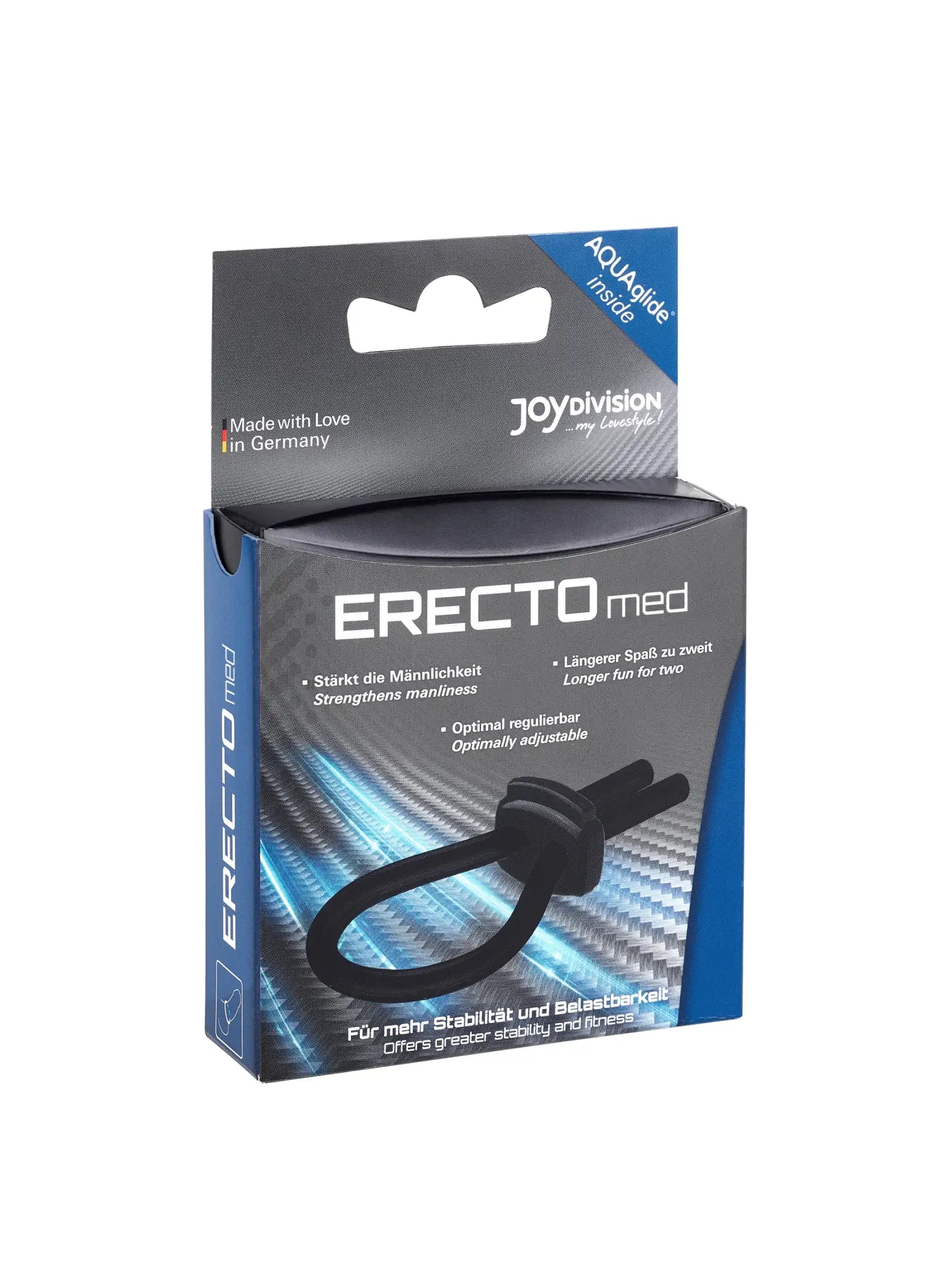 Black silicone erectile support device in joydivision branded box for adjustable cock ring use
