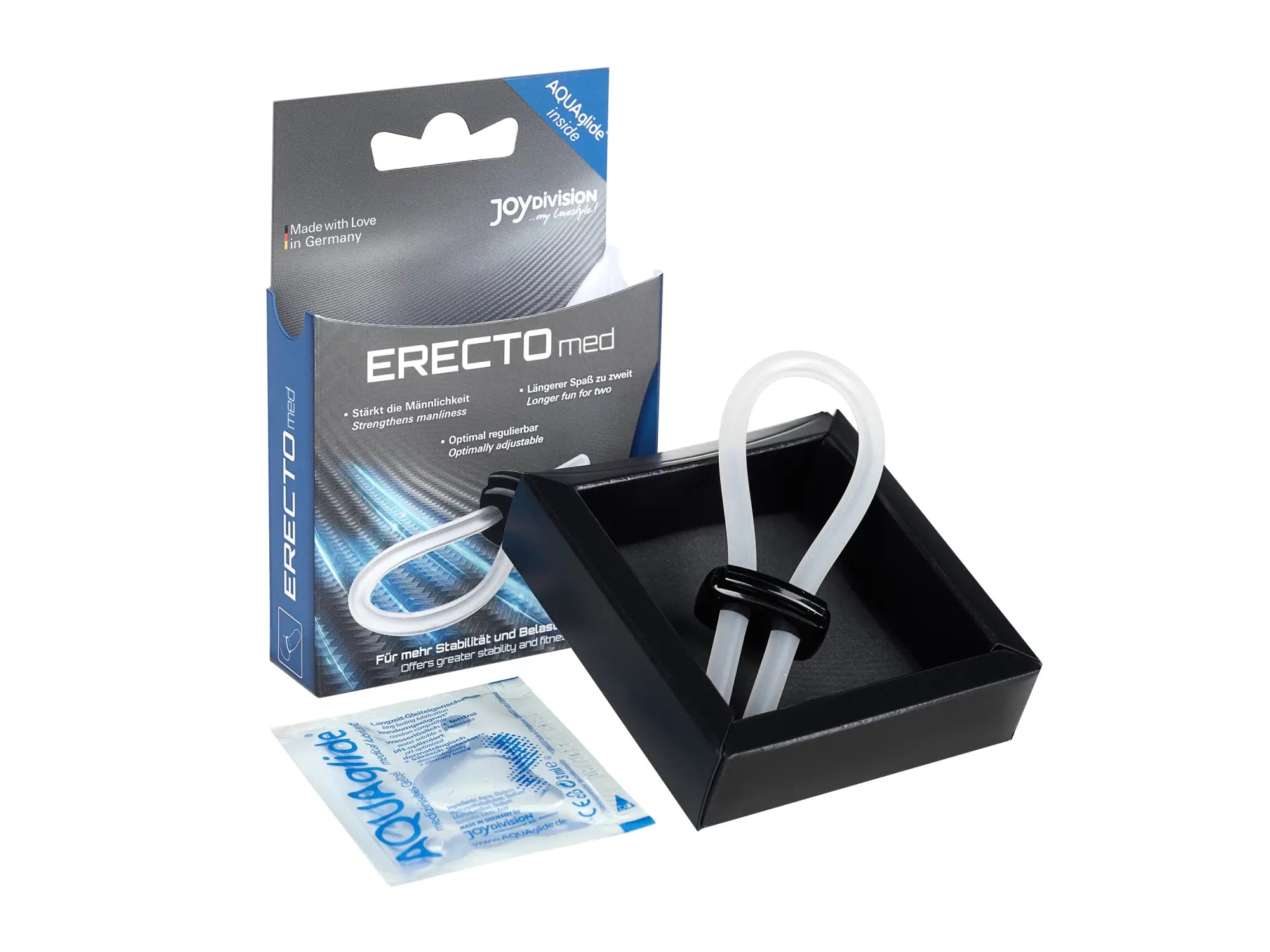 Black and white plastic erectomed adjustable cock ring in black box with blue joydivision packaging visible