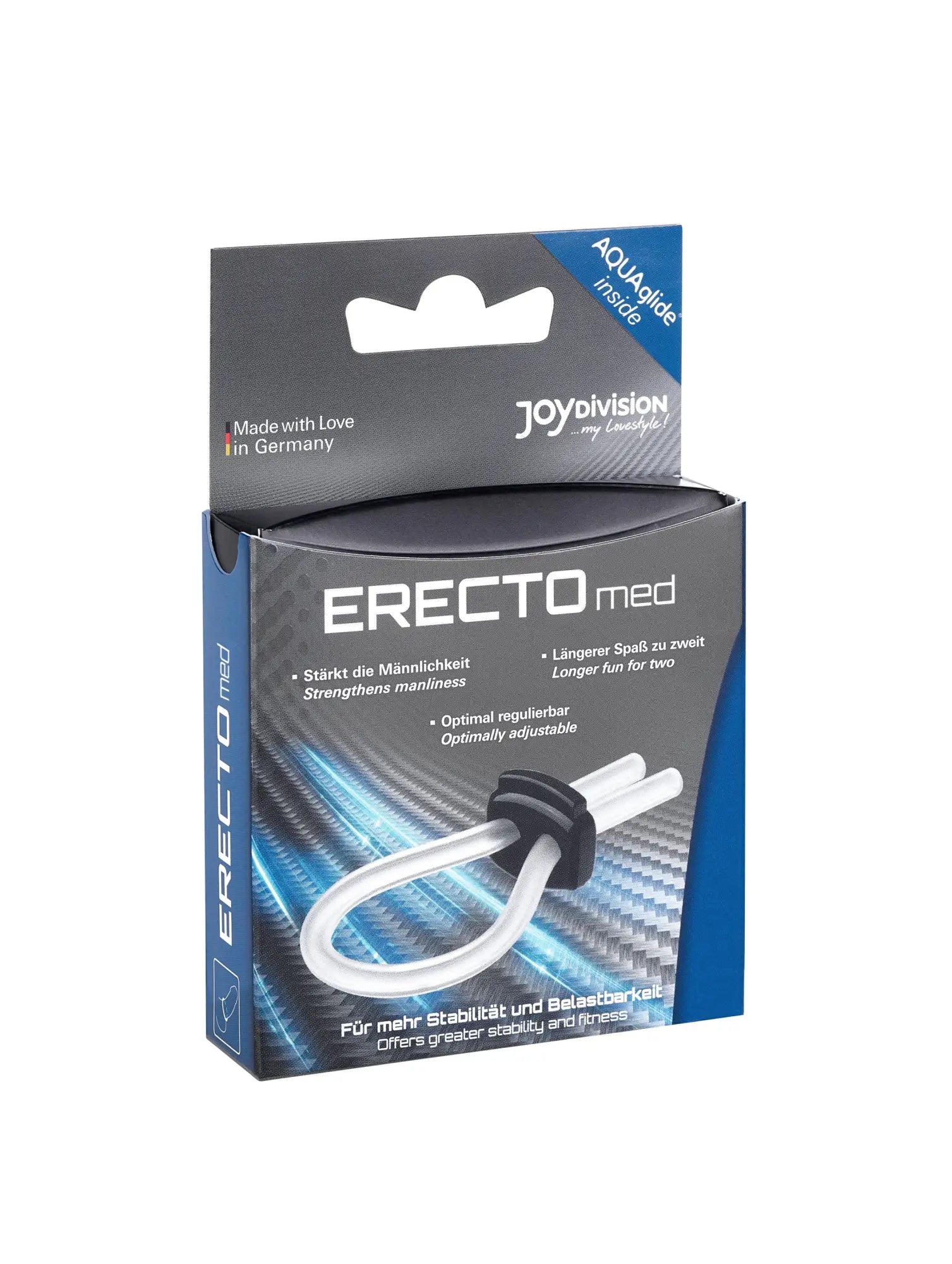 Black and white JOYDIVISION ERECTOmed adjustable clear cock ring support device in branded packaging box