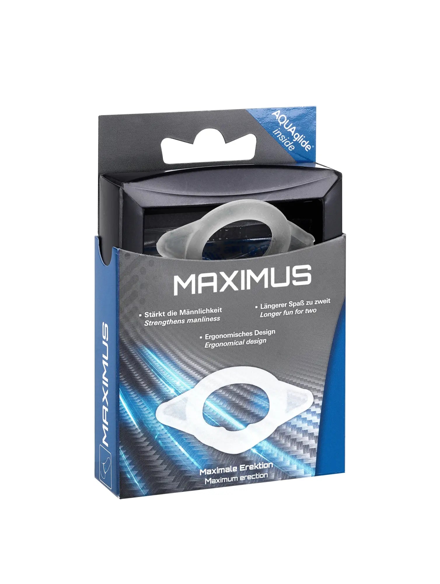 Joydivision maximus medium transparent silicone penis ring with black and blue maximus brand packaging