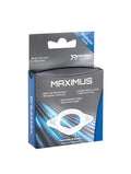 White plastic penis ring medium in black and blue joydivision maximus packaging for enhanced performance