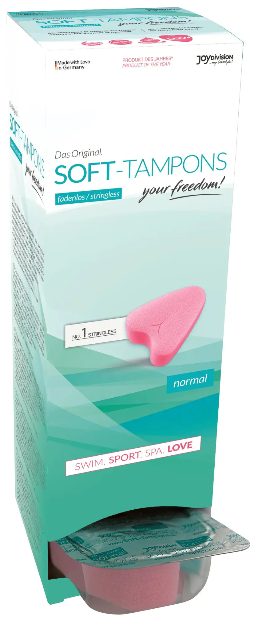 Pink heart-shaped soft sponge tampons in teal and white joyvision box 10 pc for comfortable use