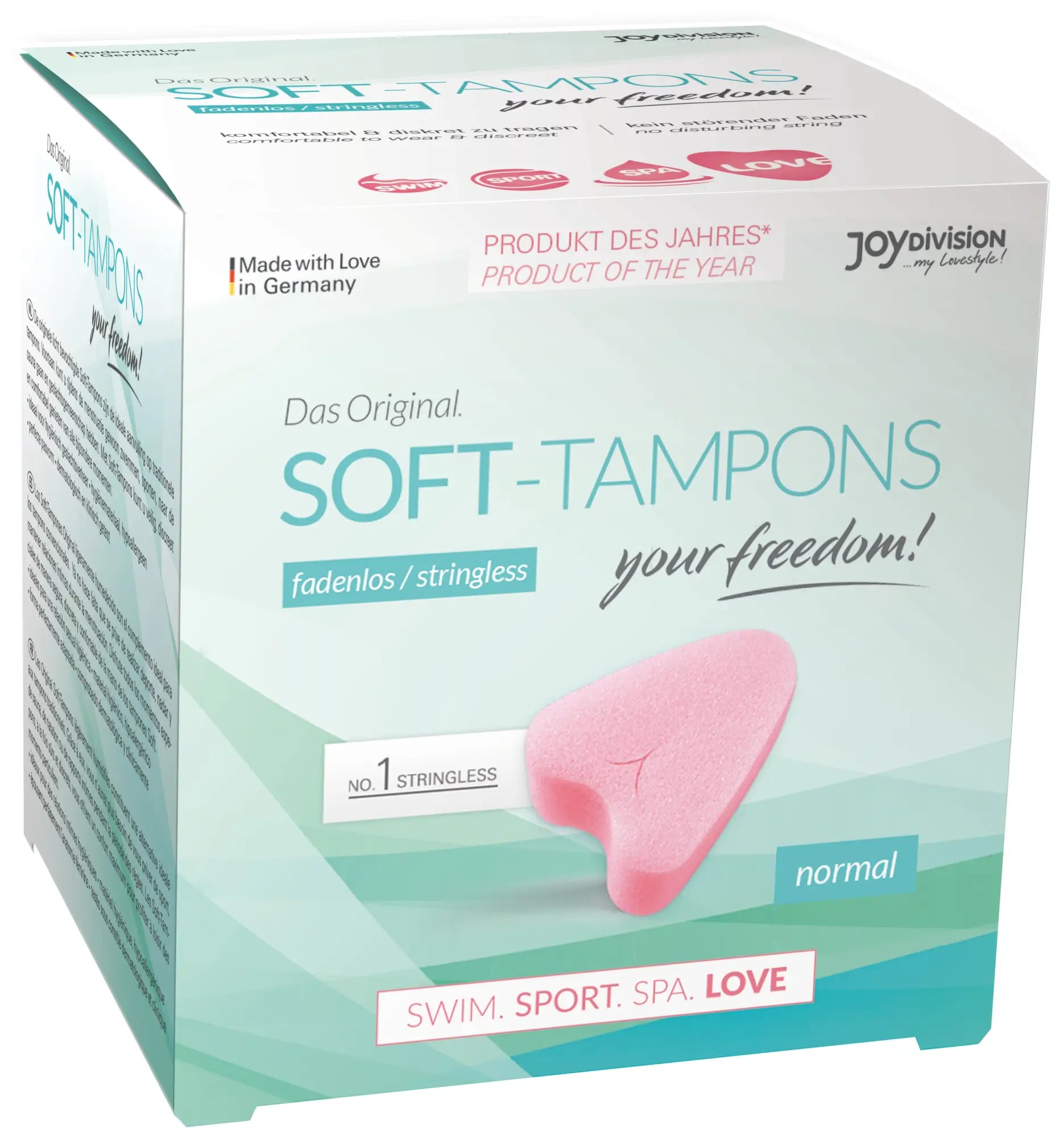 Pink heart-shaped soft stringless tampon made of sponge in a joydivision box made in germany 3 pc pack