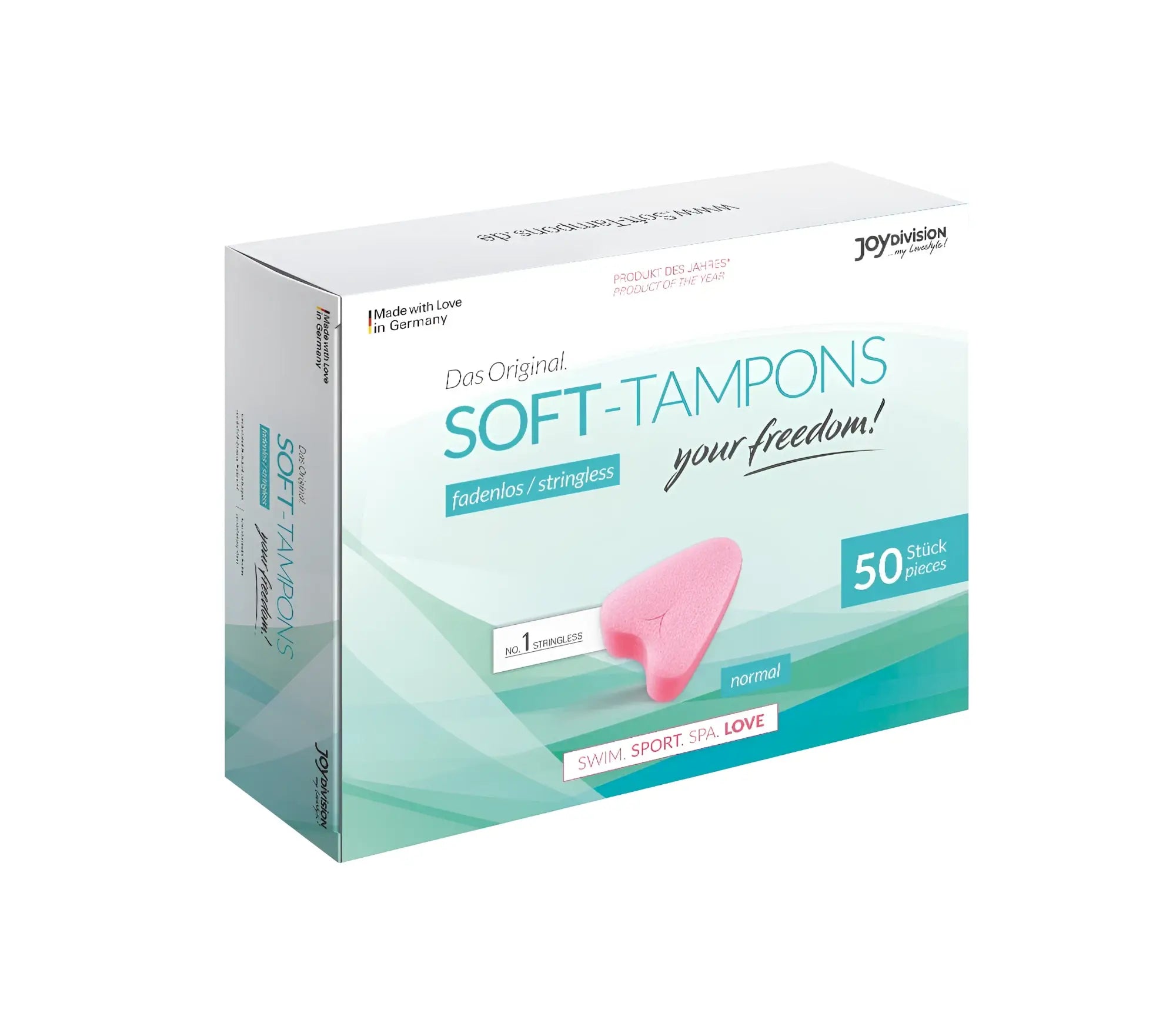 Pink stringless soft sponge tampons in a white and teal das original box by joyvision 50 pc normal size