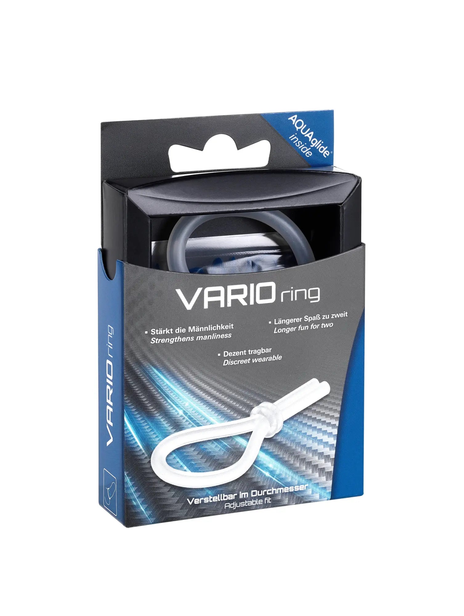 White plastic adjustable ring displayed in sleek black and blue packaging for joydivision varioring product