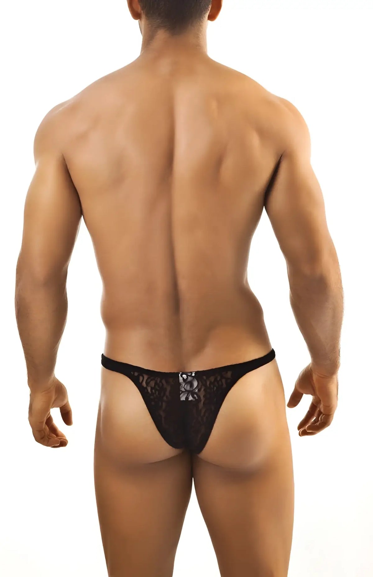 Black lace Joe Snyder Capri mesh thong with decorative silver emblem at the center front