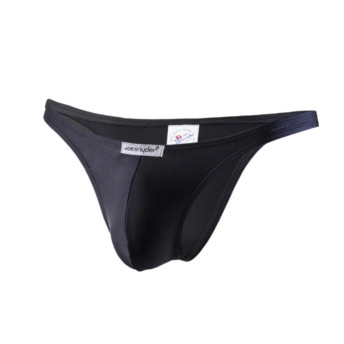 Black joe snyder polyester capri thong with smooth form-fitting design and elastic waistband shown from the back