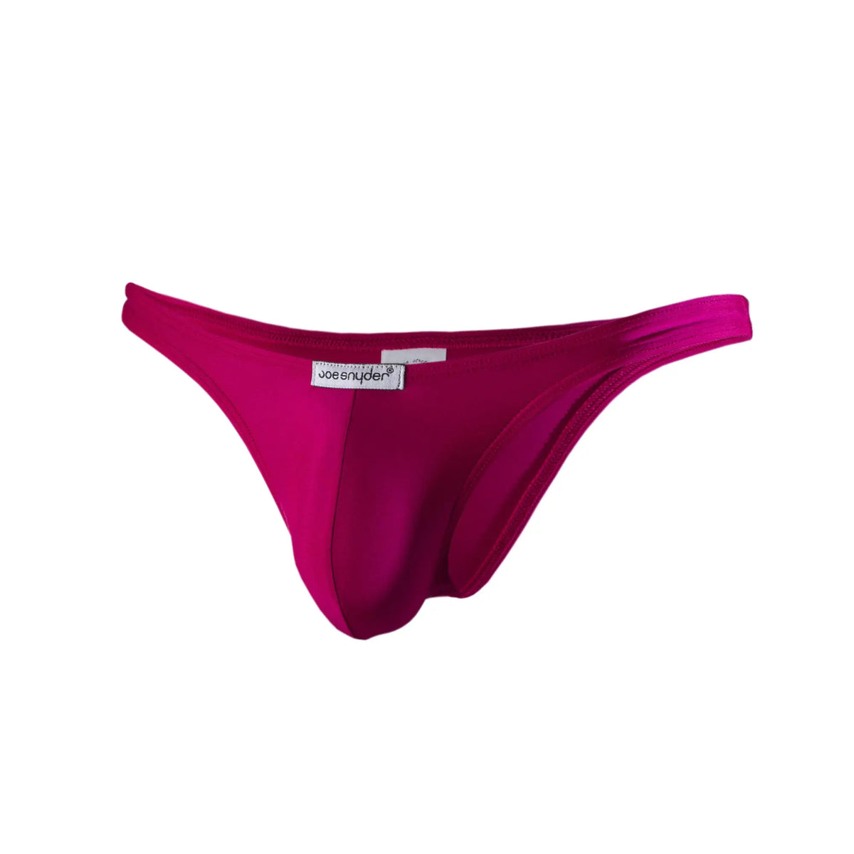 Vibrant magenta joe snyder thong made of smooth stretchy fabric with sleek form fitting design shown from the back
