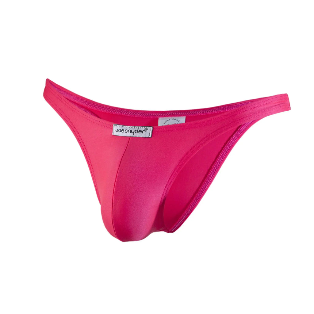 Bright pink joe snyder thong made of smooth stretchy polyester fabric with a sleek form fitting design shown from the back