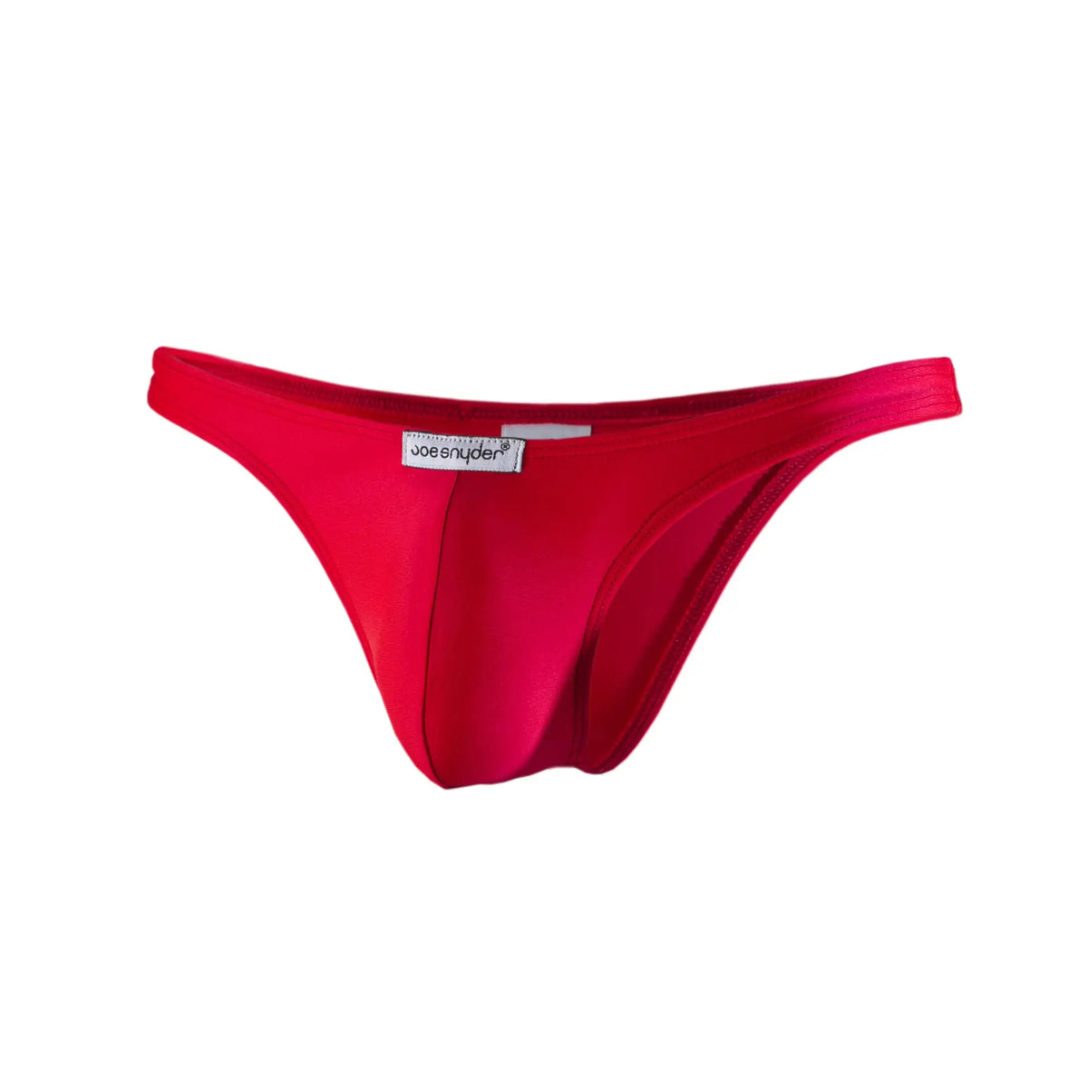 Vibrant red joe snyder polyester capri with smooth stretchy fabric and sleek minimalist thong design shown from back side