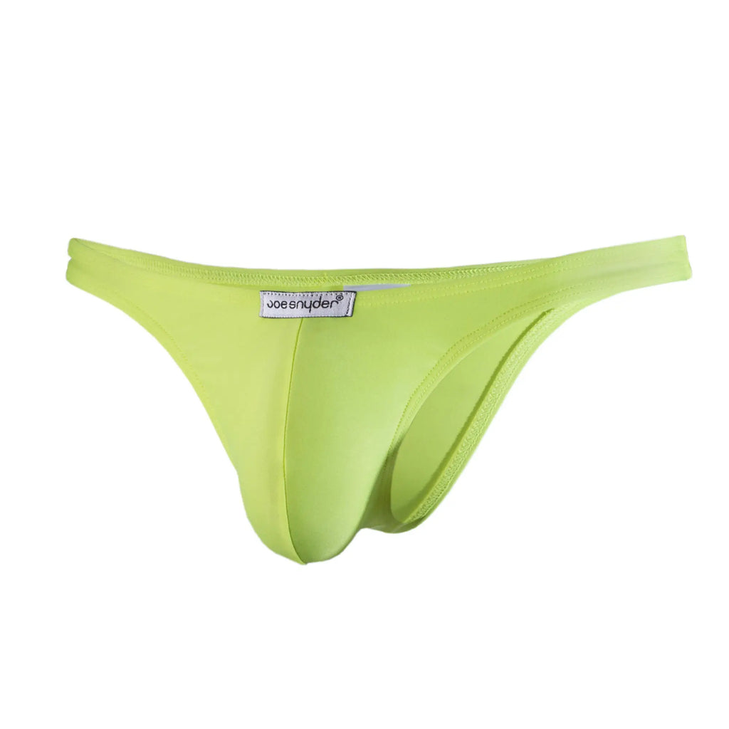 Bright lime green Joe Snyder thong made of smooth stretchy polyester fabric with a sleek form-fitting design