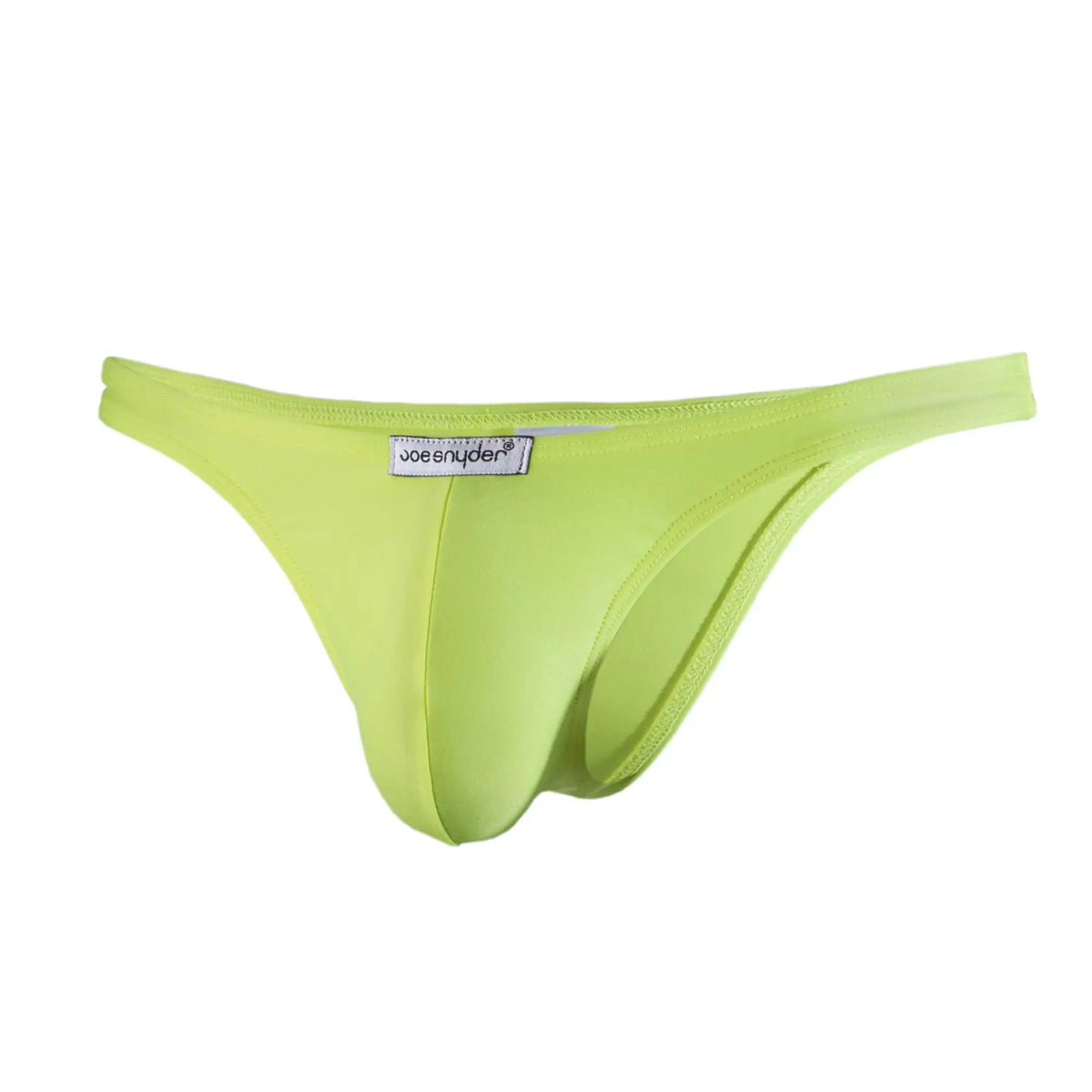 Bright lime green joe snyder polyester capri thong made of smooth stretchy fabric with a sleek form-fitting design