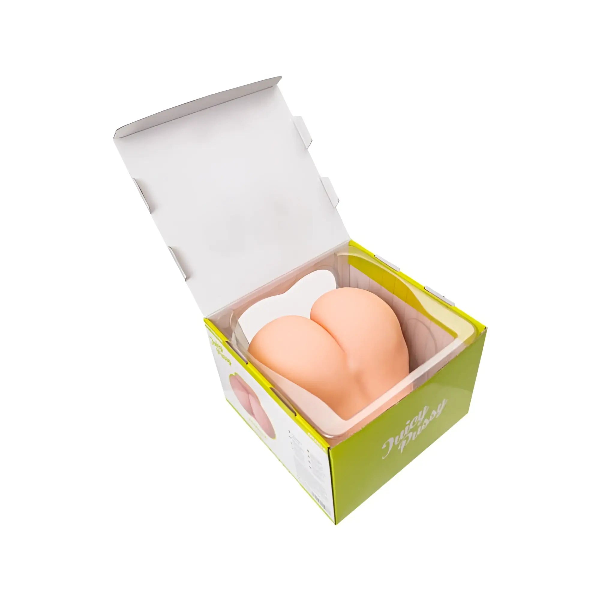 Peach-colored silicone buttocks-shaped stress reliever in a green and white box for juicy juicy butt masturbator amanda
