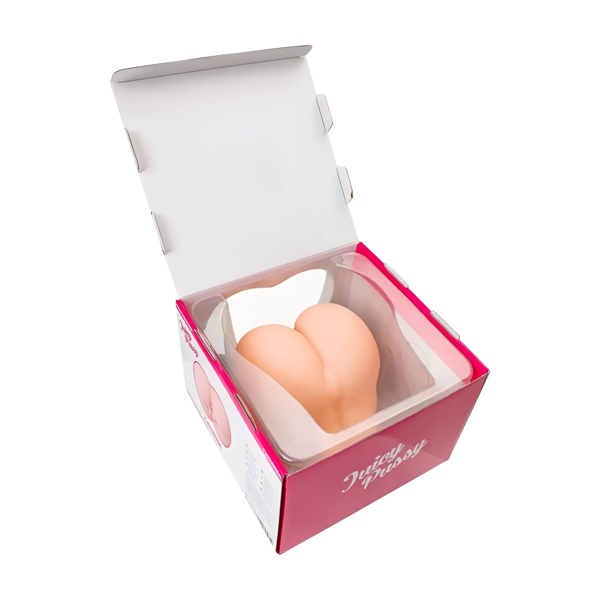 A peach-colored silicone buttock-shaped stress reliever in a pink and white box labeled juicy puss from juicy juicy butt masturbator giovanna
