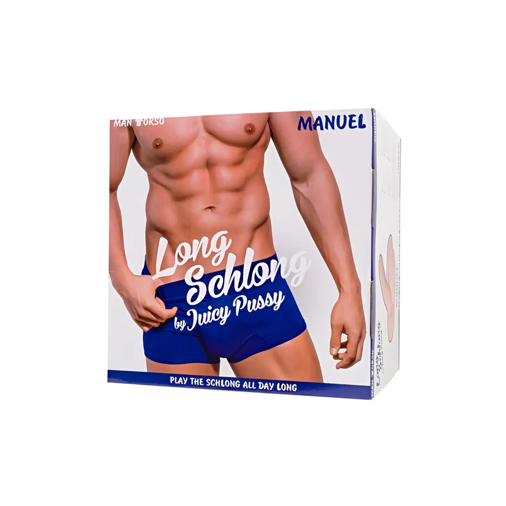 Blue men’s boxer briefs with snug fit and elastic waistband branded long schlong by juicy pussy on packaging
