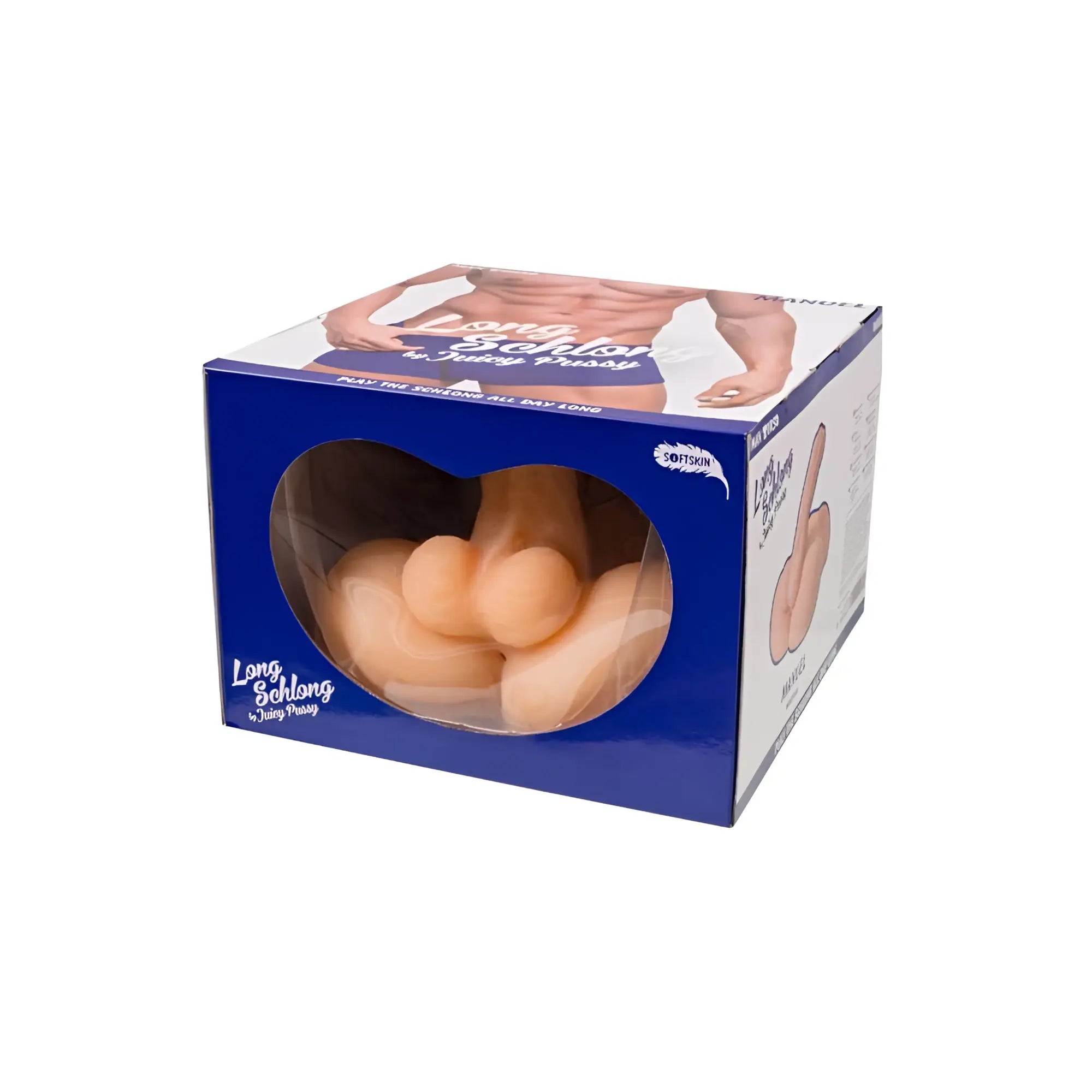Peach-colored silicone phallus-shaped toy in blue and white box labeled long schlong and juicy pussy from juicy juicy long schlong manuel series
