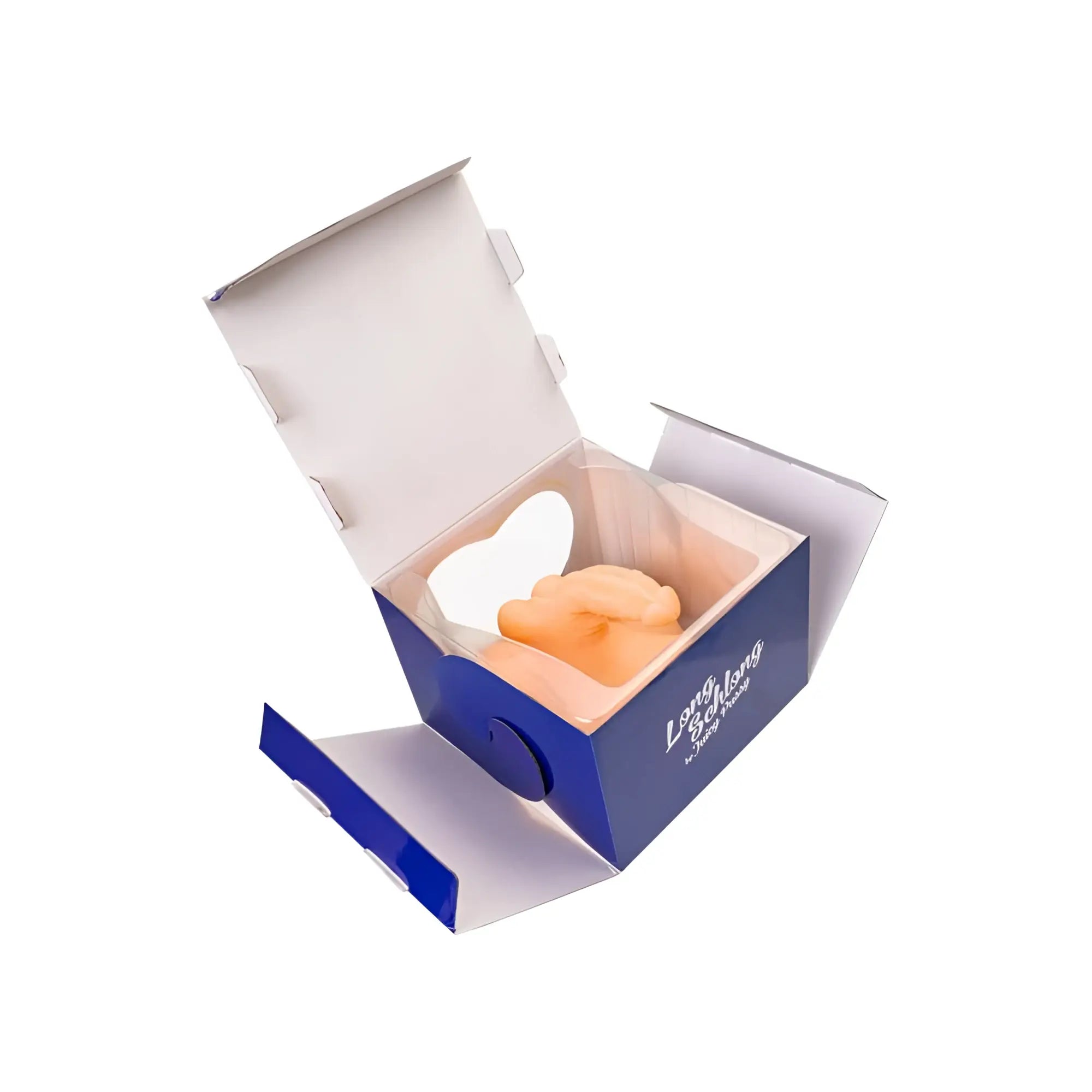 A soft peach-colored silicone juicy juicy long schlong manuel penis anal and balls torso with white wing accessory in blue box
