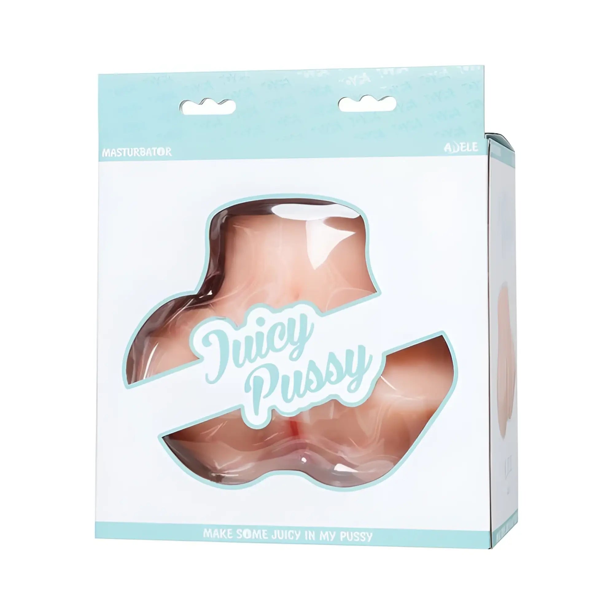 A peach-colored silicone juicy pussy masturbator named Juicy Juicy Pussy Masturbator Adele in branded packaging