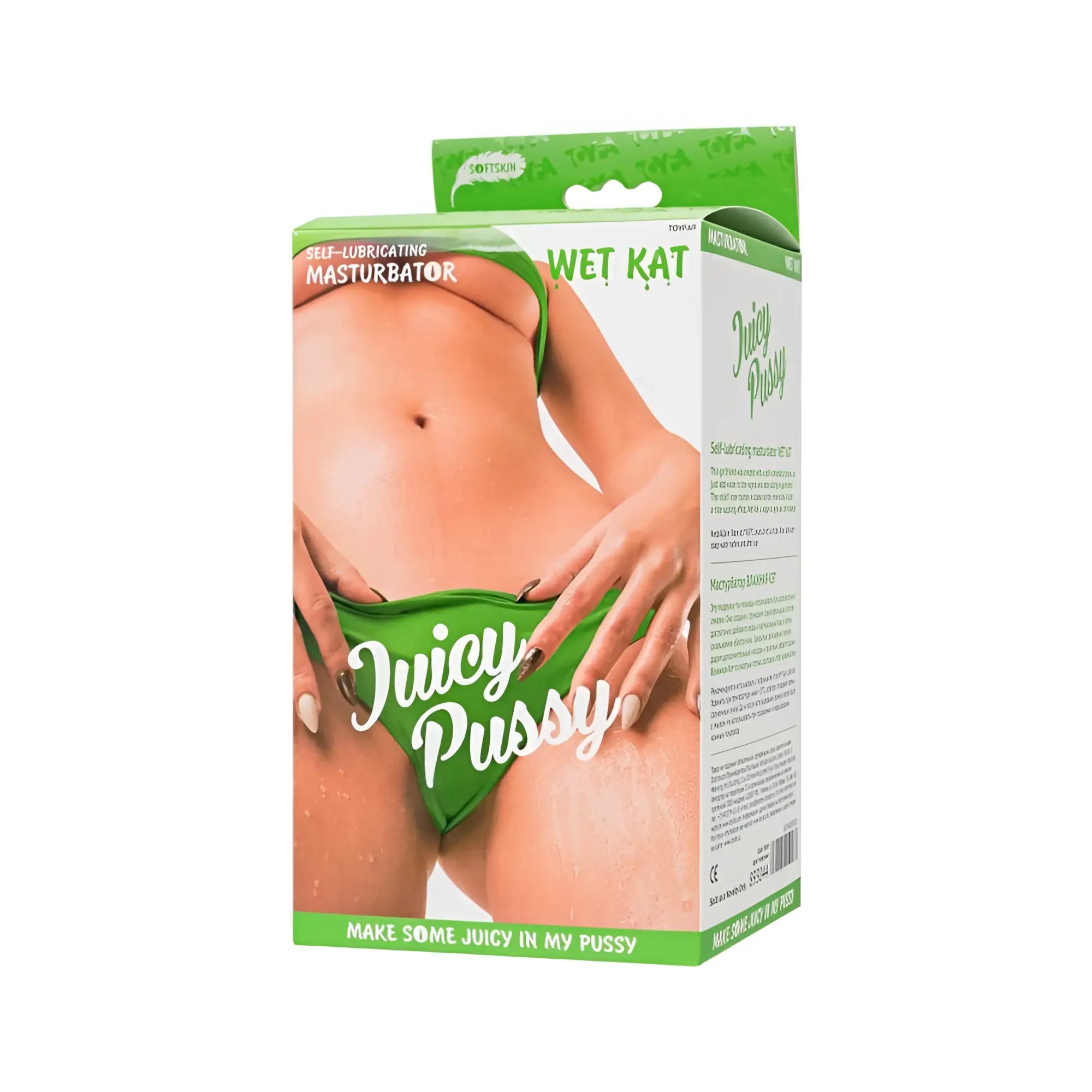 Green juicy self lubricating masturbator wet kat in branded packaging made of soft material for personal use