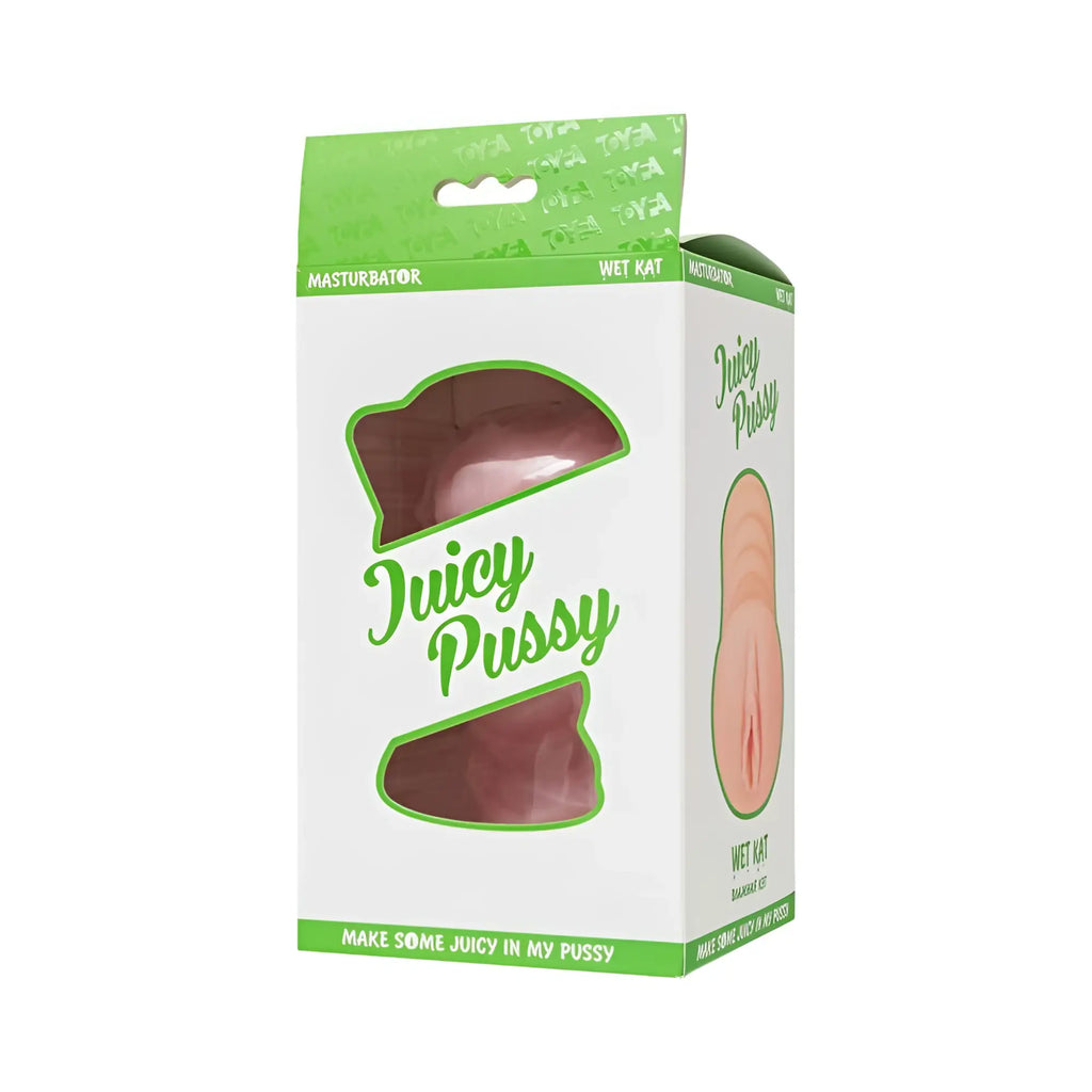 Juicy pussy by wet kat pink silicone self lubricating masturbator in branded green and white packaging