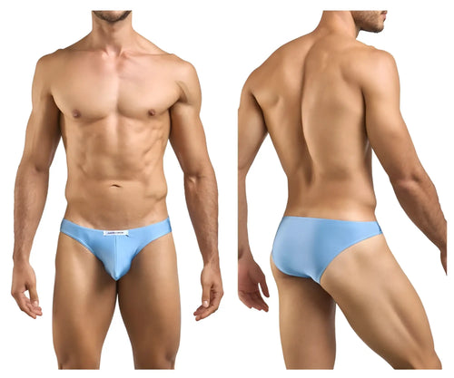Light blue men’s classic bikini briefs with subtle brand tag at waistband by justin simon xsj01