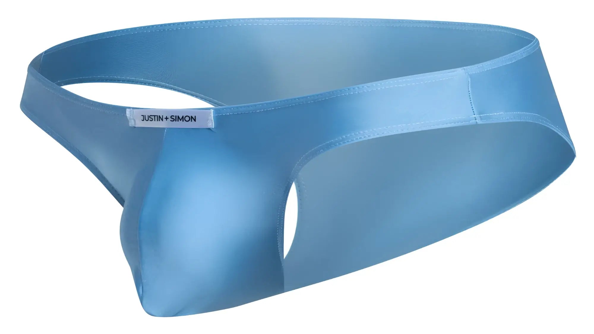 Light blue satin briefs with sleek form-fitting design and subtle justin simon brand tag classic bikini style
