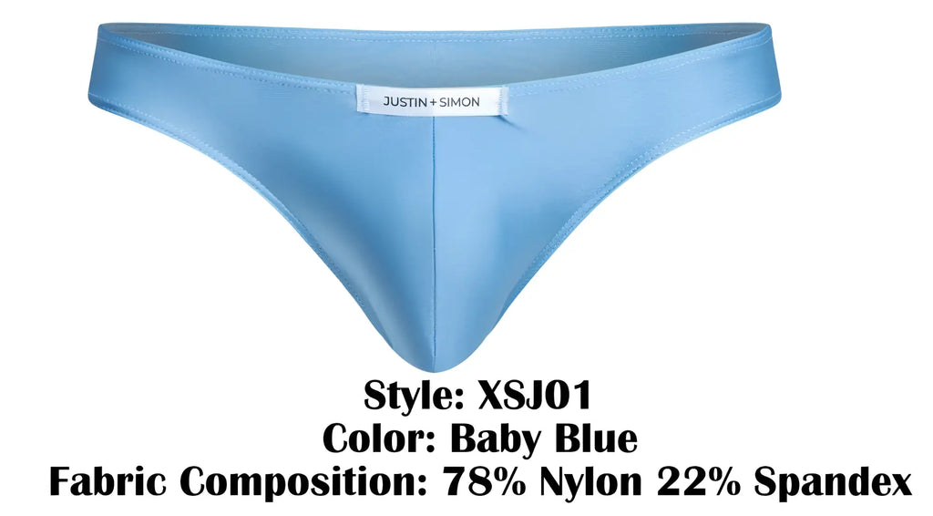 Baby blue thong by justin simon made from 78 nylon and 22 spandex classic bikini style front view