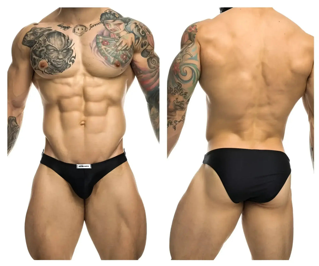 Black justin simon xsj01 classic bikini briefs with a small white brand tag at the waistband