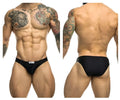 Black justin simon xsj01 classic bikini briefs with a small white brand tag at the waistband