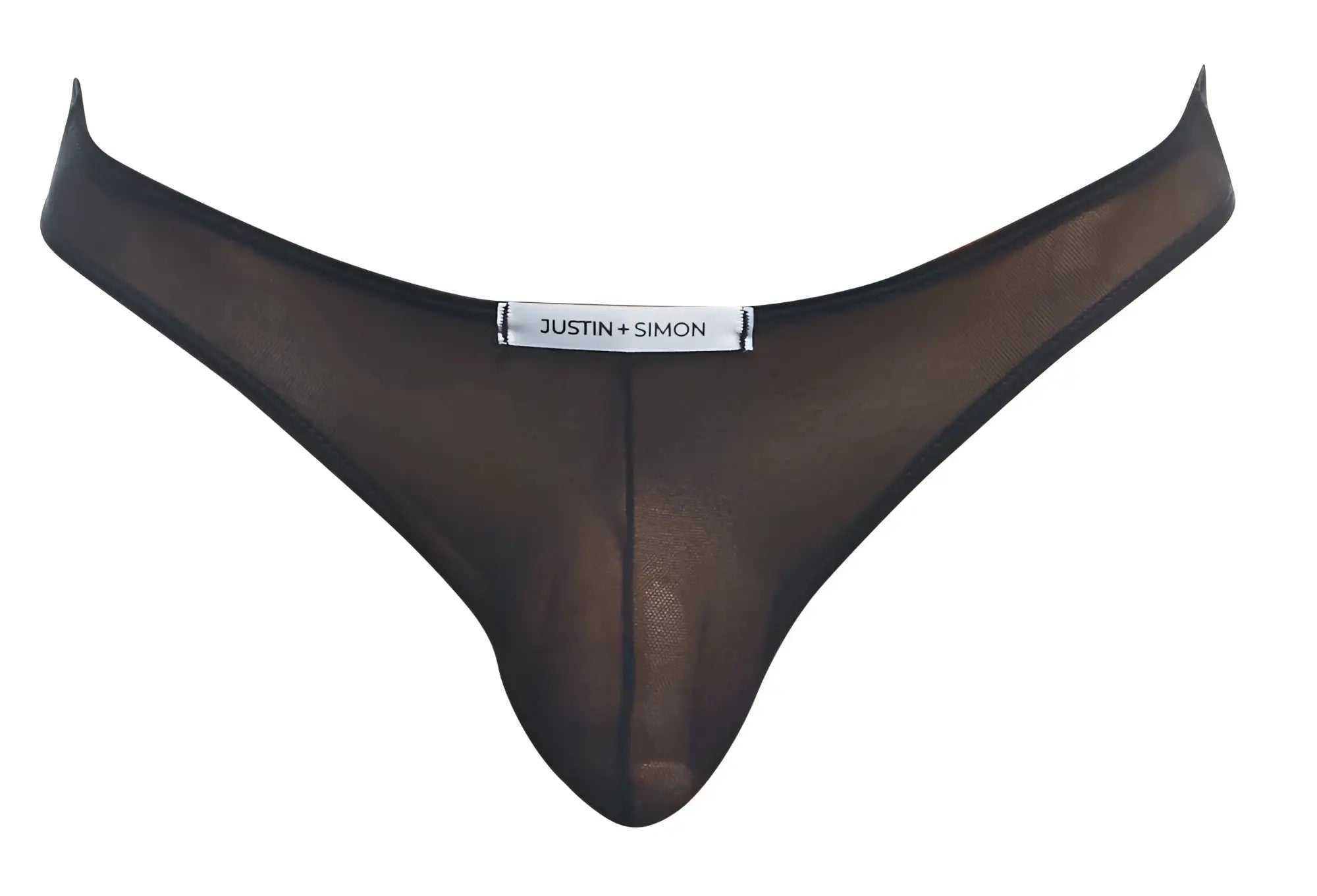 Black sheer mesh thong by justin simon in classic bikini style with black mesh material front side visible